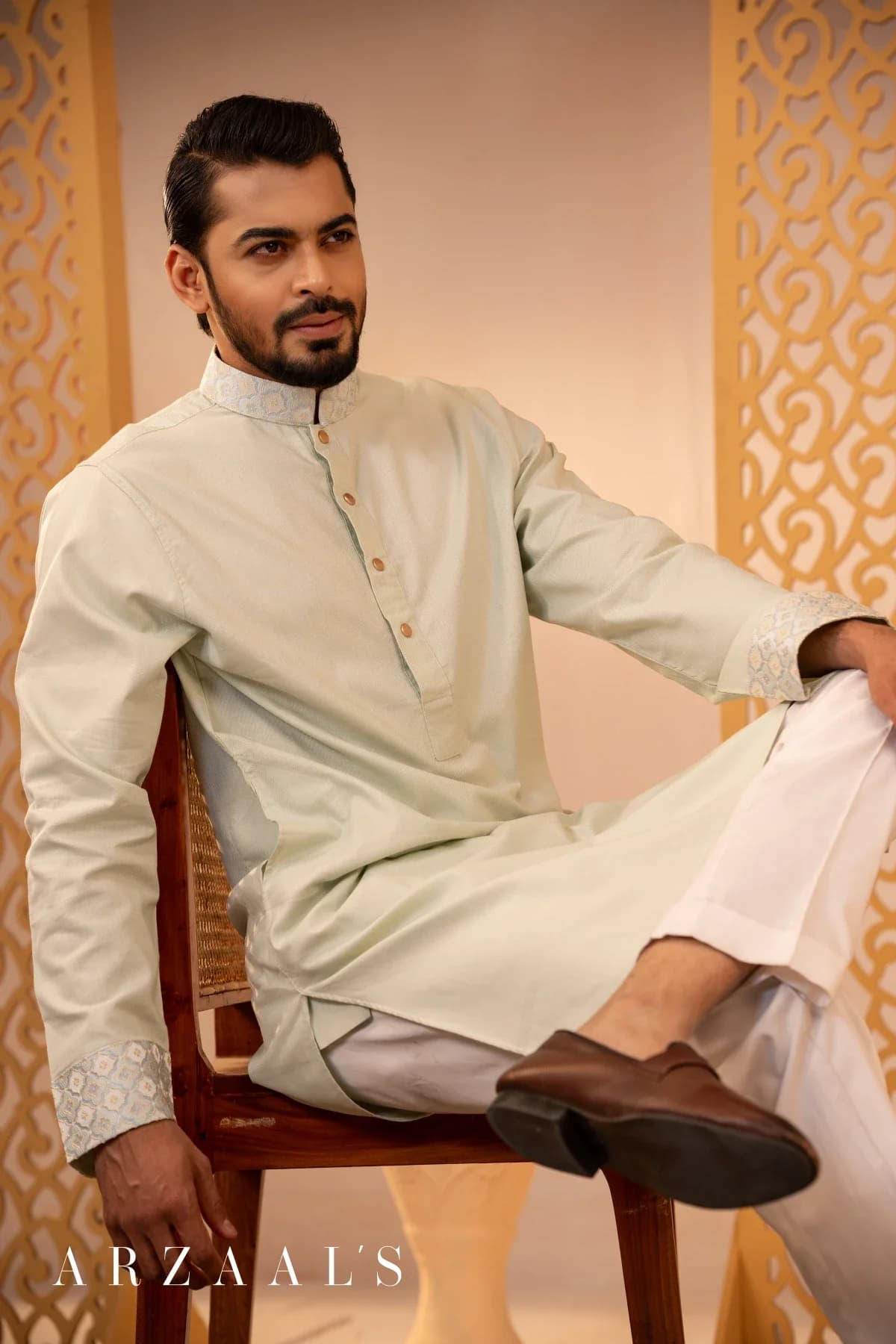 ARZAALS LIGHT LEMON GOLD CONTRUST PANJABI thumbnail 1