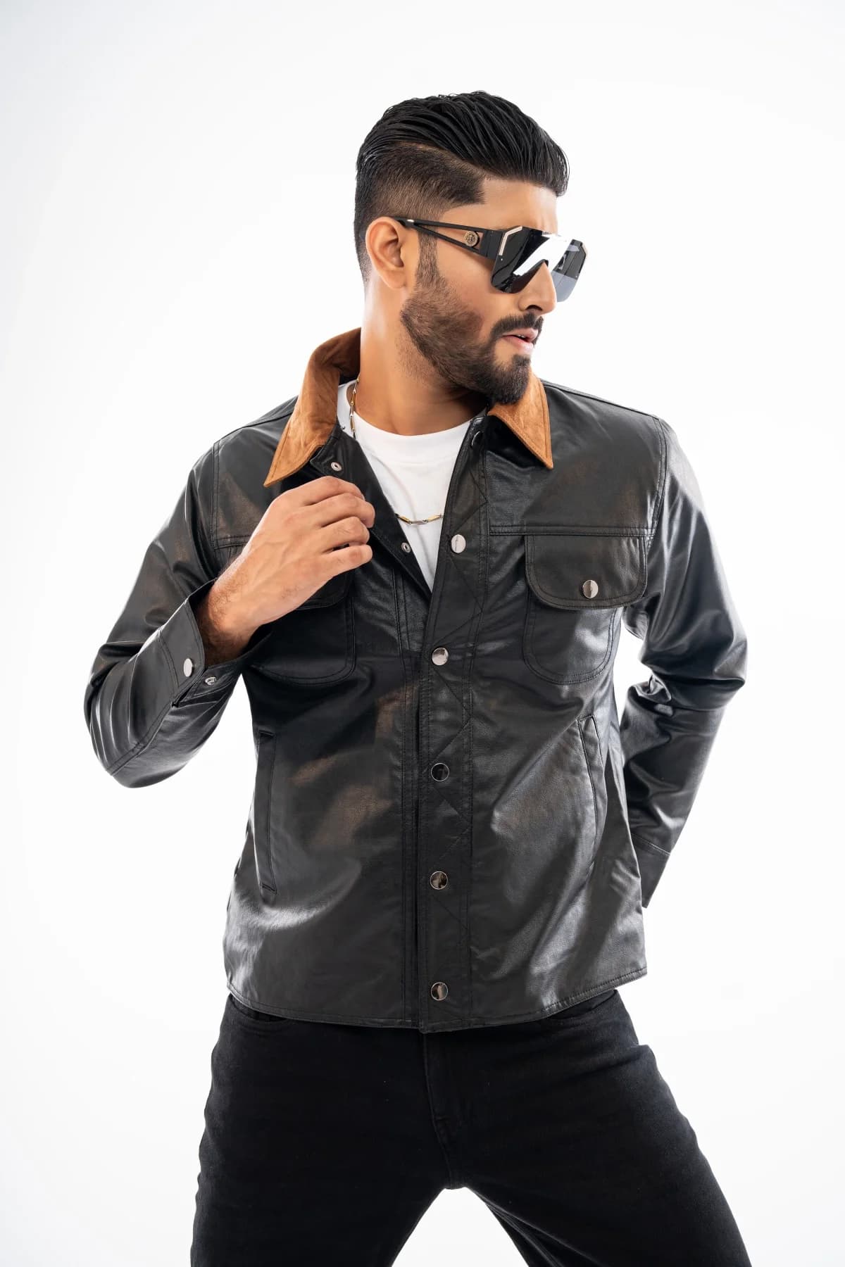 Black Leather Collar Contrast Jacket thumbnail 2