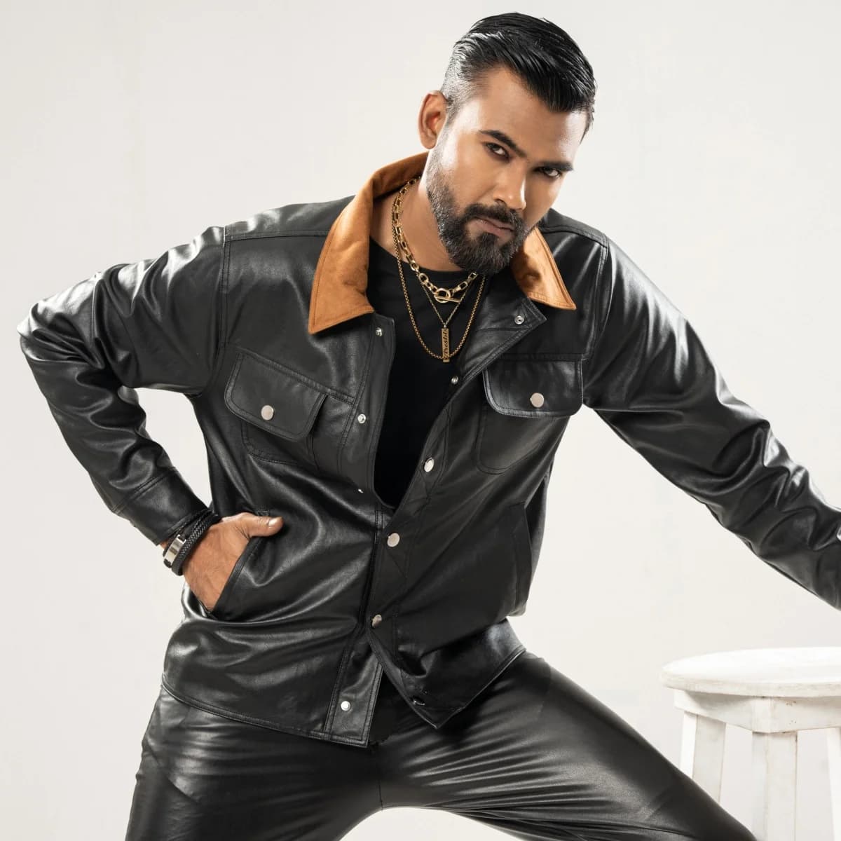 Black Leather Collar Contrast Jacket thumbnail 5