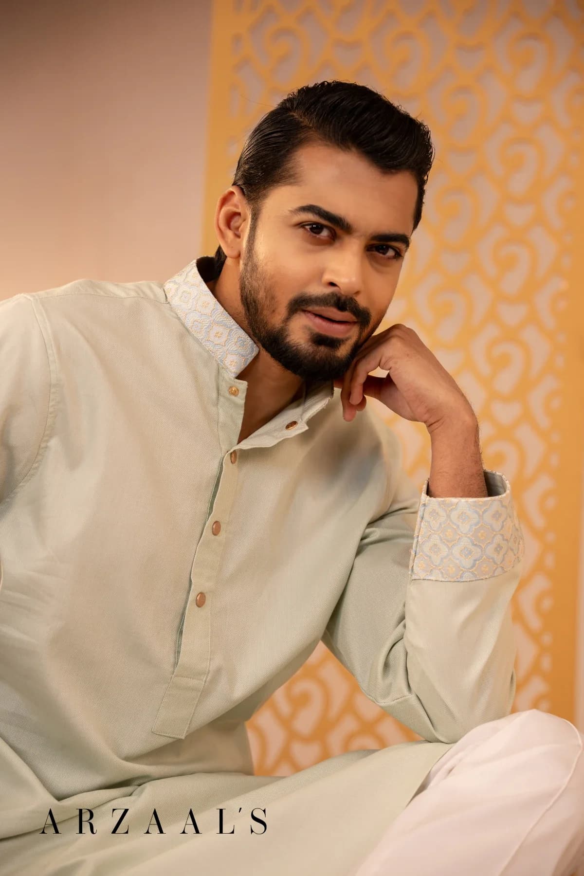 ARZAALS LIGHT LEMON GOLD CONTRUST PANJABI thumbnail 3