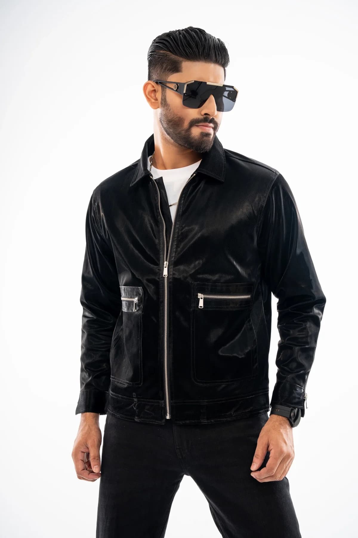 Black Glossy Leather Jacket ST04 thumbnail 6