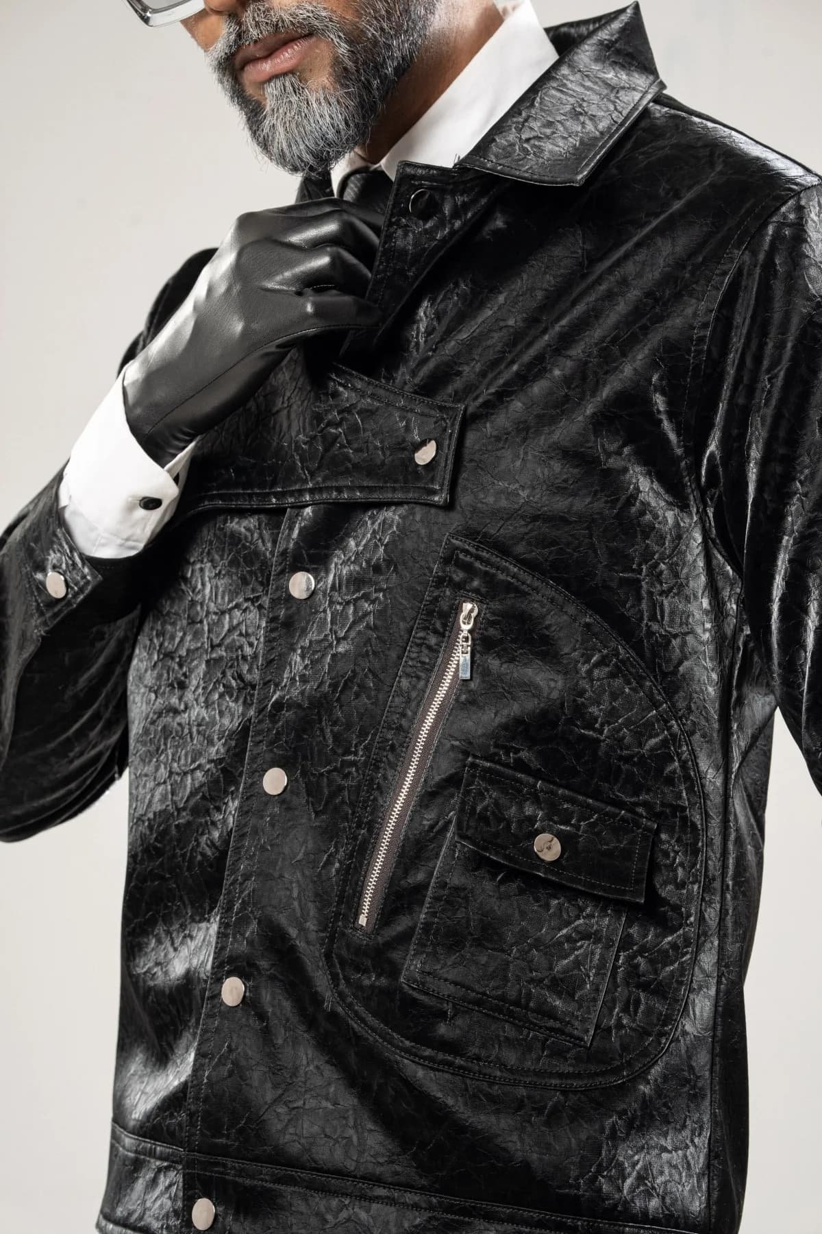Black Glossy Premium Leather Jacket thumbnail 3