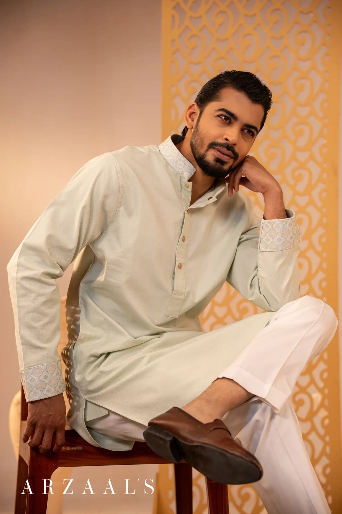 ARZAALS LIGHT LEMON GOLD CONTRUST PANJABI thumbnail 4